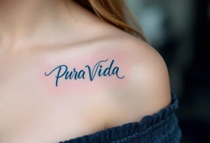 “Pura Vida” in freehand script flowing into a wave, shaded in gradient tones of blue and white. tattoo idea