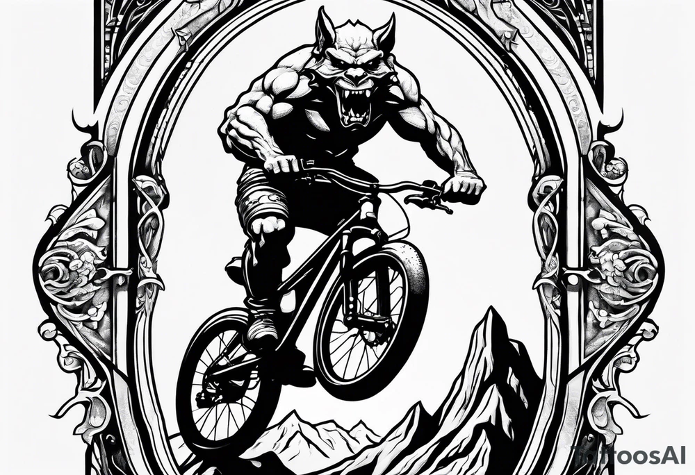 gargoyle riding a full suspension mountain bike tattoo idea