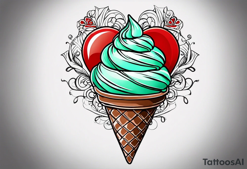 simple mint chocolate chip ice cream cone with small red heart on it somewhere. tattoo idea