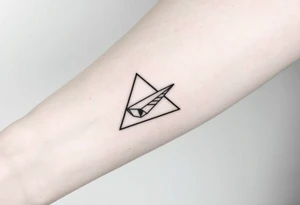Geometric small triangle with a paper plane while being psychedelic with fine thin lines tattoo idea