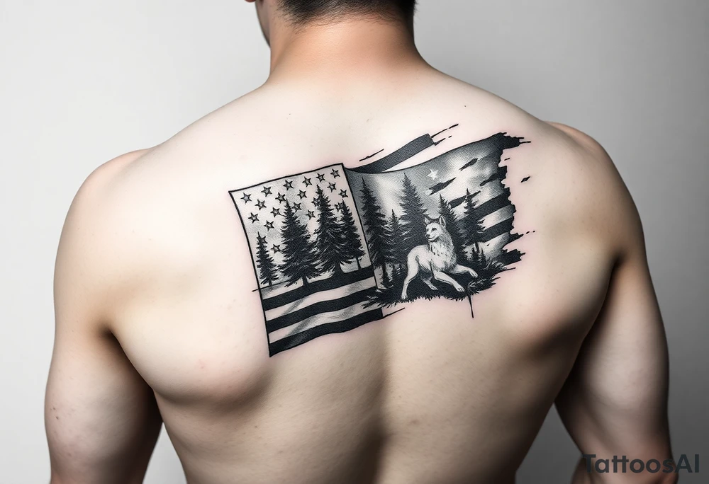American flag with forest and animal arm sleeve tattoo idea