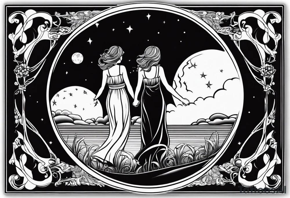 crystal ball that shows three women holding hands in silhouette dancing underneath a full moon tattoo idea