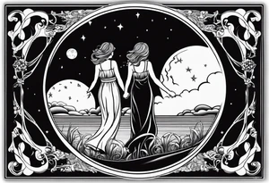 crystal ball that shows three women holding hands in silhouette dancing underneath a full moon tattoo idea