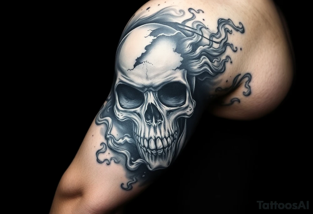 Abstract skull imagery blended into smoke and shadow, symbolizing fear used as a weapon, fragmented skull dissolving into mist, tactical darkness, psychological warfare theme, blackwork realism, dramatic contrast, tattoo design. tattoo idea