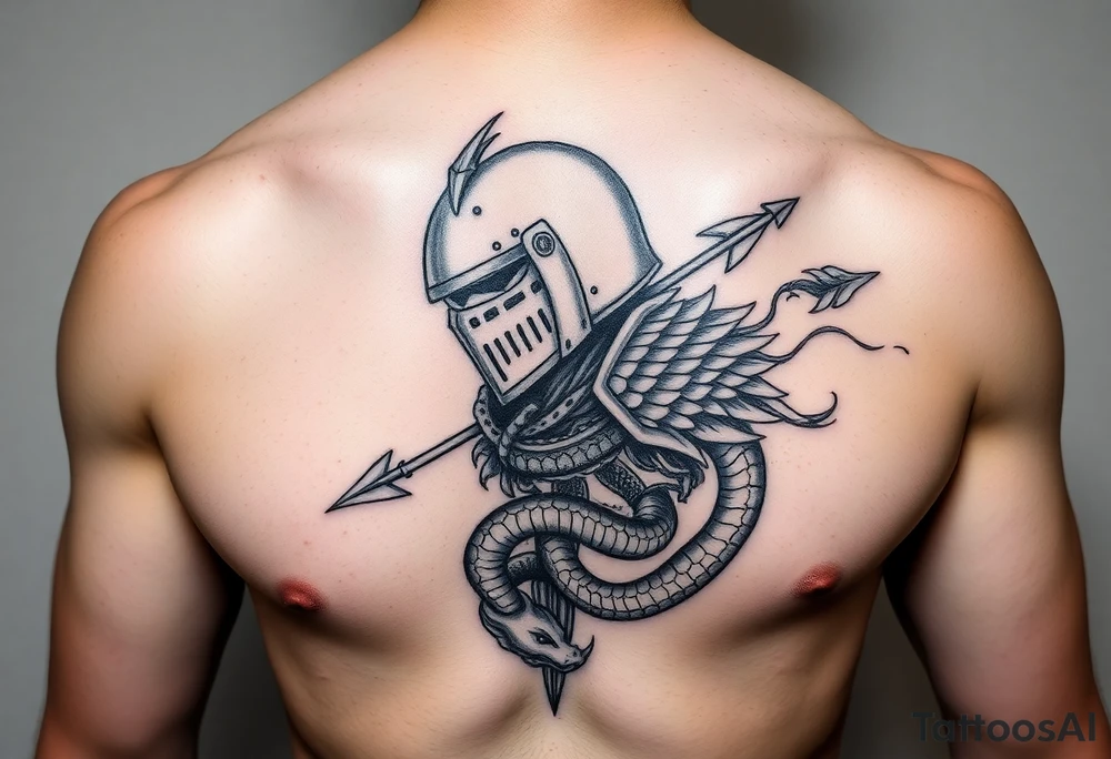 chest japan theme knight with arrow and snake tattoo idea