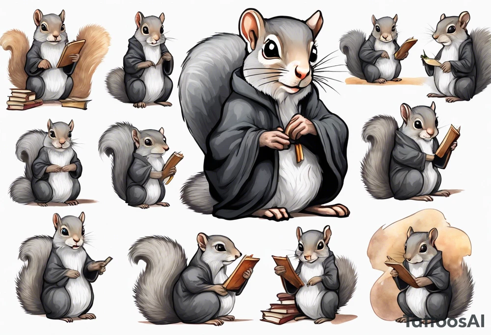 an elderly grey squirrel with a long beard wearing a black robe sitting in an ancient library tattoo idea