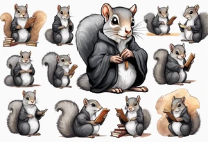 an elderly grey squirrel with a long beard wearing a black robe sitting in an ancient library tattoo idea