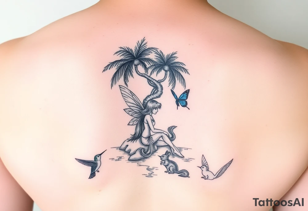 A blonde fairy sitting under a palm tree on an island with a blue butterfly, a hummingbird, and a squirrel tattoo idea