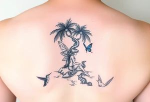 A blonde fairy sitting under a palm tree on an island with a blue butterfly, a hummingbird, and a squirrel tattoo idea