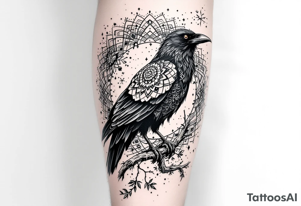laeft arm tattoo of a raven on a branch surrounded by mandala tattoo idea