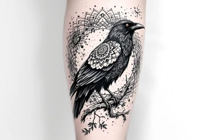 laeft arm tattoo of a raven on a branch surrounded by mandala tattoo idea
