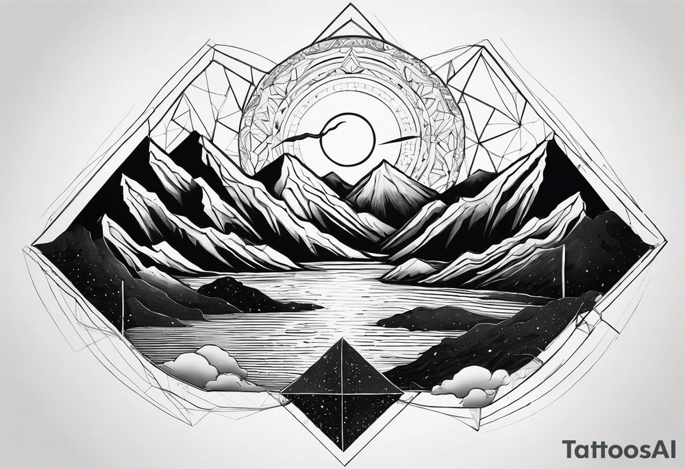 geometric with mountains, black hole various shapes tattoo idea