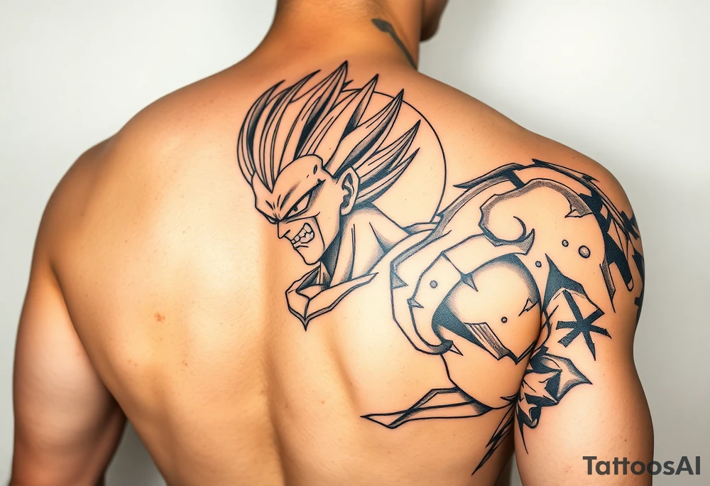 Majin vegeta with moon and oozaru background on right arm sleeve tattoo idea