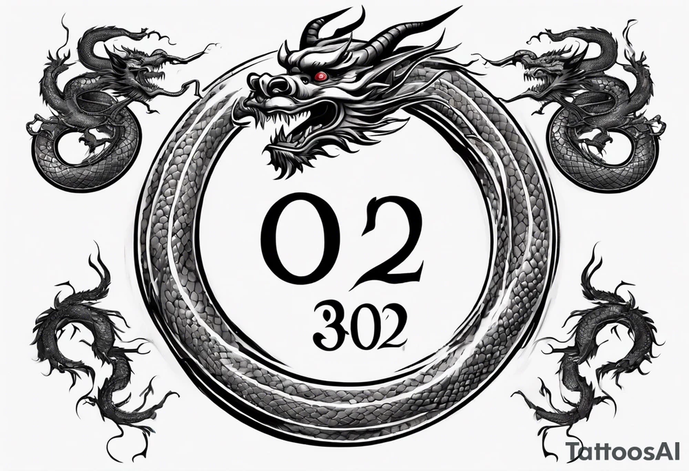 Chinese dragon in a circular shape with "02.03" written on its skin tattoo idea