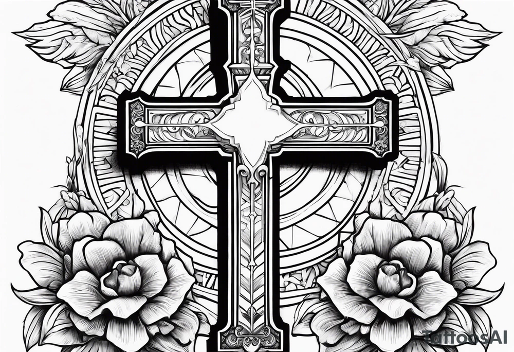 Cross with text In GOD we trust, flowers tattoo idea