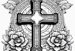 Cross with text In GOD we trust, flowers tattoo idea