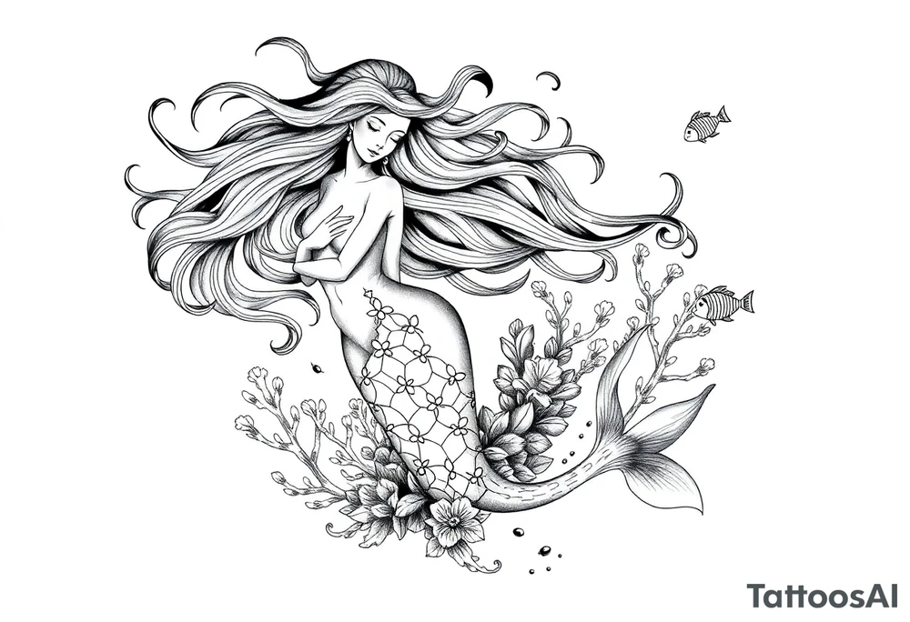 ethereal mermaid with flowing hair among coral reef and small fish tattoo idea