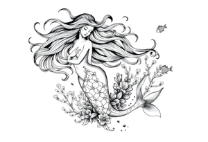 ethereal mermaid with flowing hair among coral reef and small fish tattoo idea