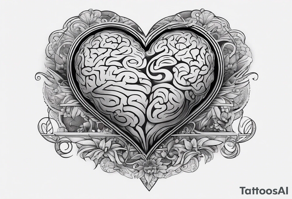 Heart bottom left a backslash line containing the word balance mid way brain top right tattoo idea