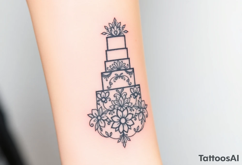A classic wedding cake silhouette, decorated with intricate floral patterns and elegant tiered layers tattoo idea