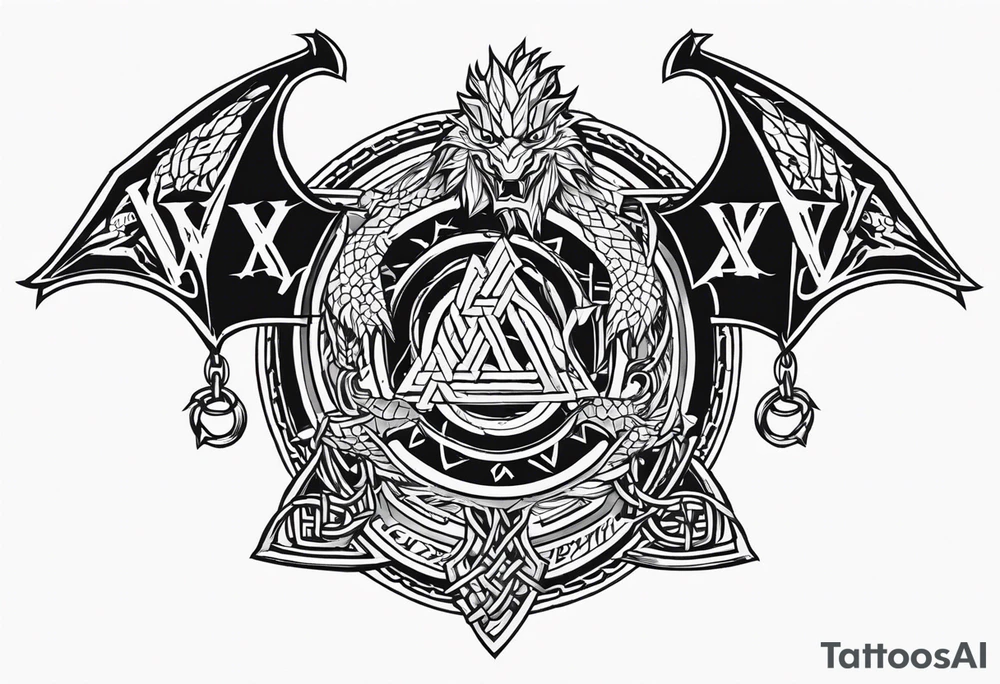 Valhalla sword shield dragon axe Valknut barbed wire chains tattoo idea Valhalla sword shield dragon axe Valknut barbed wire chains tattoo idea