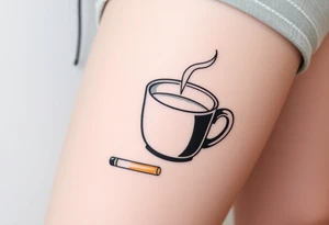 A mug of coffee
 with a picture of a 
 lighthouse on the the mug and a cigarette laying next to it tattoo idea