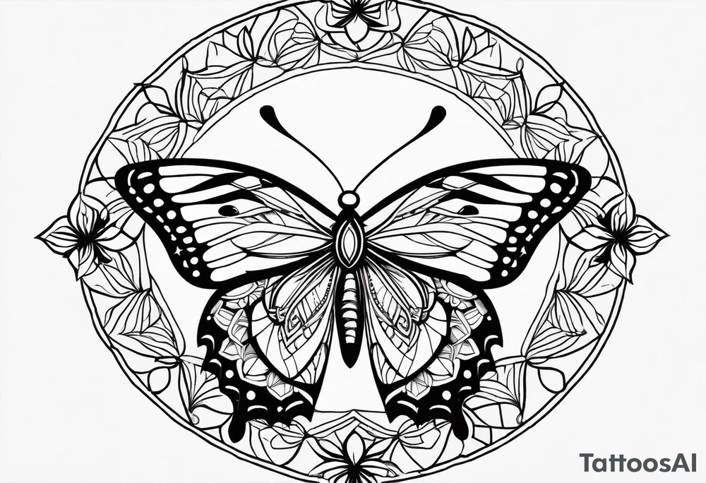 Thin Minimalistic butterfly on the background of the mandala indra’s diamond network tattoo idea