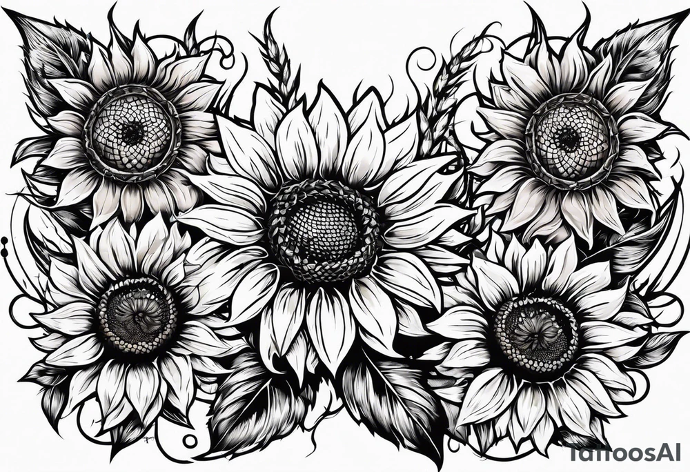 Sunflower, wheat, and barbed wire half sleeve tattoo idea