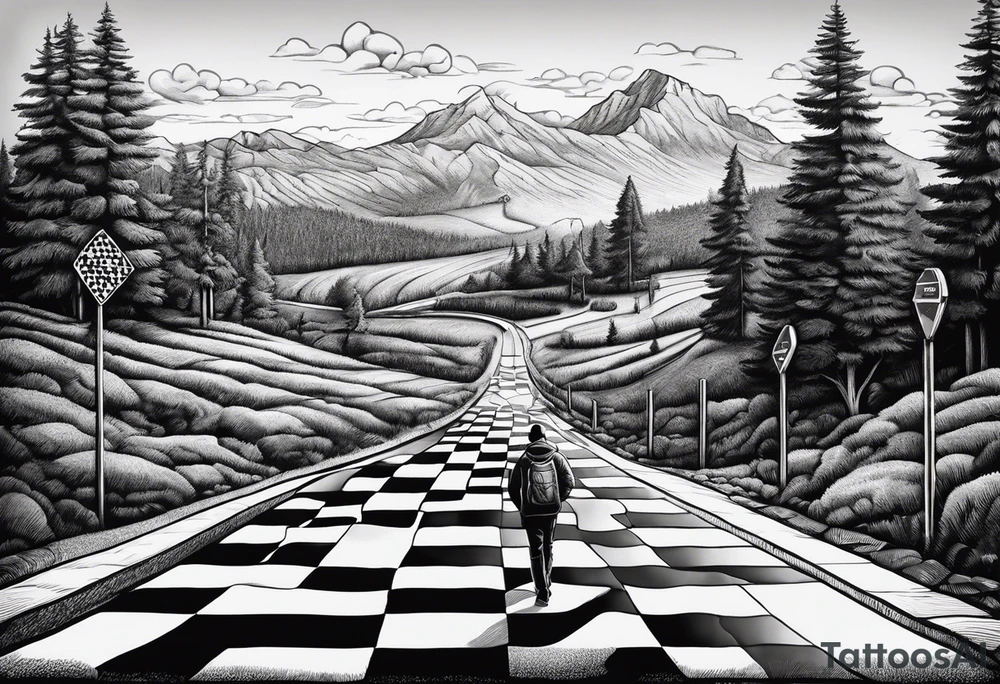 a road sign that say road to riches with a person walkin on a chessboard tattoo idea