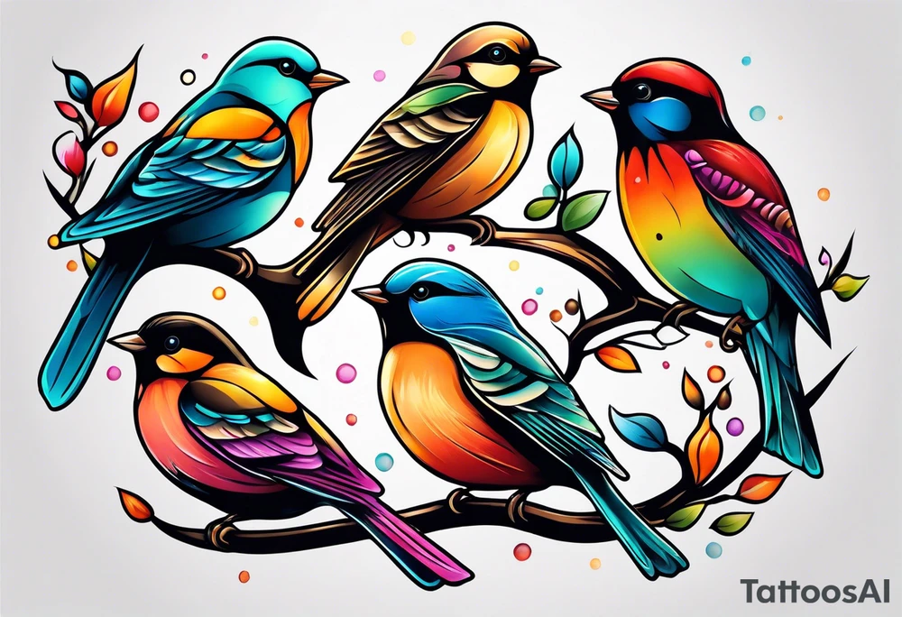 Seven small, colorful birds tattoo idea