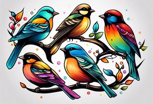 Seven small, colorful birds tattoo idea