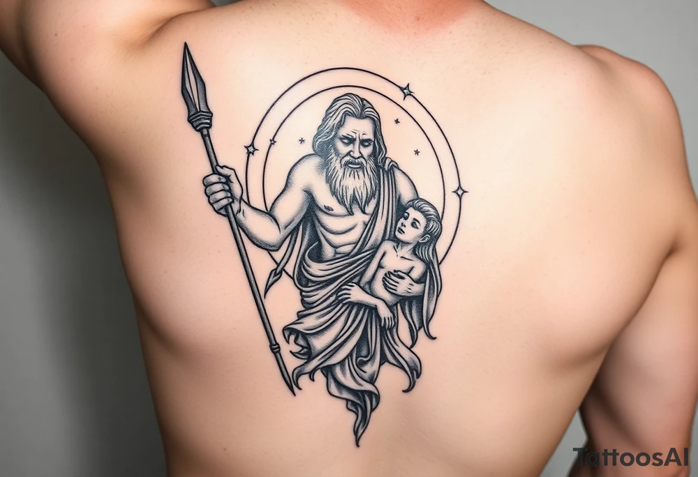a tattoo design of the Greek God Saturn but older and nearly dying holding his spear, in his other arms cradling a twin dying younger version of himself. The gemini constellation is in the background behind the Saturn Gods. Long vertical form as this will be on a thigh - include the planet Saturn rings going round the design tattoo idea