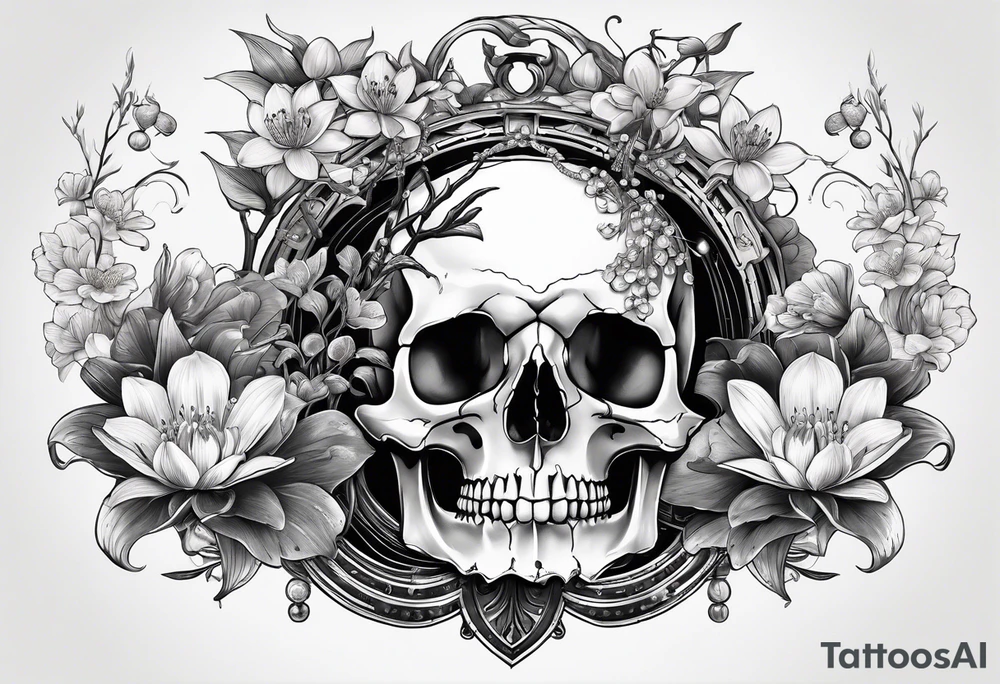 human skull, deer skull, water lily, cherry blossoms with roller coaster track and lily of the valley for fill tattoo idea