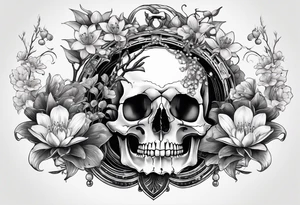 human skull, deer skull, water lily, cherry blossoms with roller coaster track and lily of the valley for fill tattoo idea