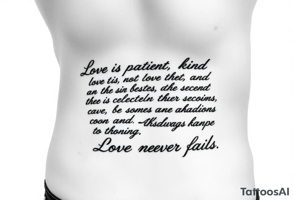 A handwritten tattoo above a man's front right hip that takes up about 1/2 of his waist without coming close to his navel that reads,
Love is patient, love is kind. It does not envy, it does not boast, 
it is not proud. It does not dishonor others, it is not self-seeking, 
it is not quick to anger, it keeps no record of wrongs.
Love does not delight in evil but rejoices with the truth. 
It always protects, always trusts, always hopes, always perseveres.
Love never fails.


8 Love never fails." tattoo idea