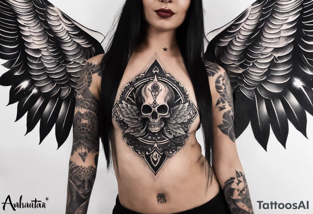 black kali, goddess pirate, alien, angel, pachamama, valkrye, warrior, flying, skull, lotus azul, wing, eagle, zenza resonance, stars, 5D, anahata chakra, death, durga, riding on a tiger, flying lady, chest tatoo tattoo idea