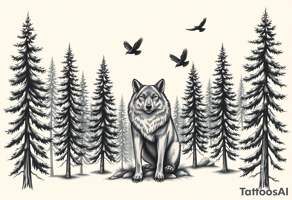 Densely wooded area with tall pine trees with a large wolf in the foreground looking straight forward, and four ravens flying overhead tattoo idea