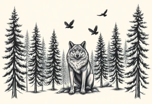 Densely wooded area with tall pine trees with a large wolf in the foreground looking straight forward, and four ravens flying overhead tattoo idea