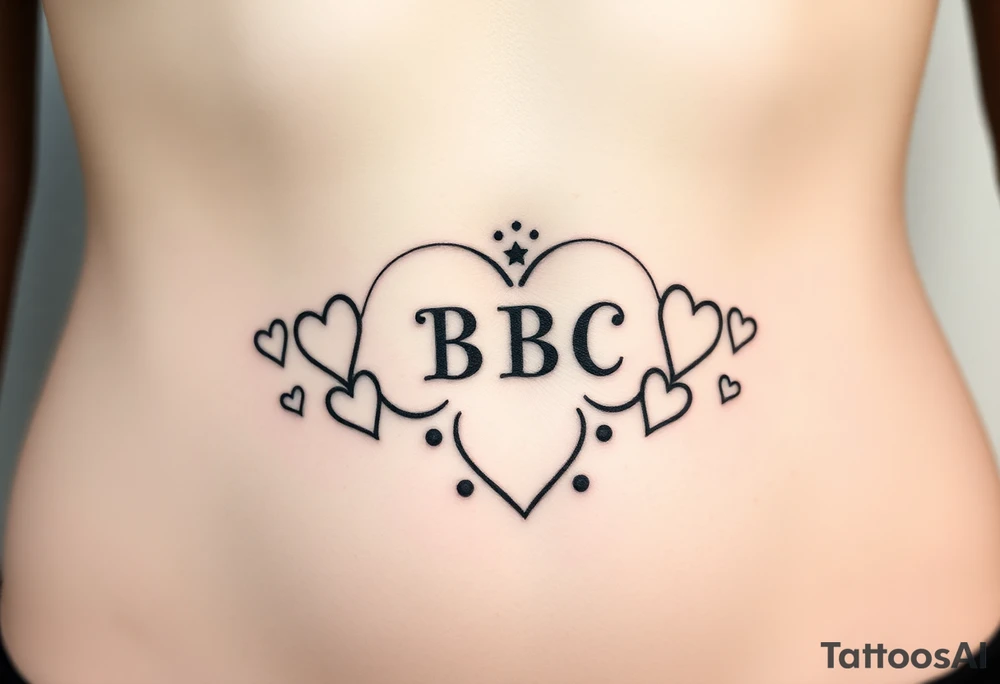 text reading "BBC" across a womb tattoo surrounded by hearts tattoo idea