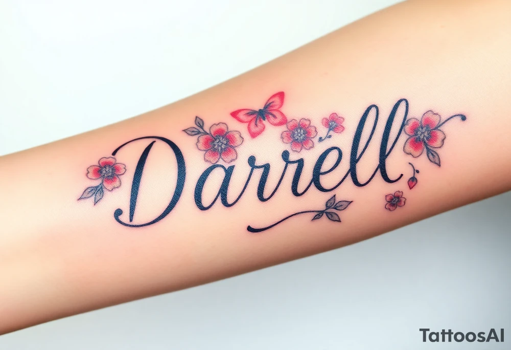 neon colors, 1 inch font, "Darrell" with lots of whimsical background, add lots of flowers tattoo idea