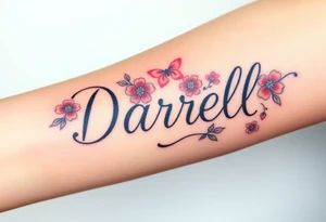 neon colors, 1 inch font, "Darrell" with lots of whimsical background, add lots of flowers tattoo idea