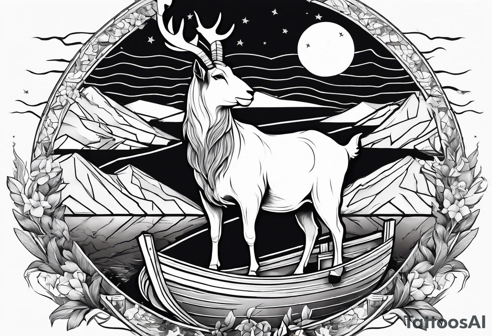 Abadger, a goat and a reindeer on an ark inside the outlines of Map of Mallorca tattoo idea