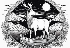 Abadger, a goat and a reindeer on an ark inside the outlines of Map of Mallorca tattoo idea