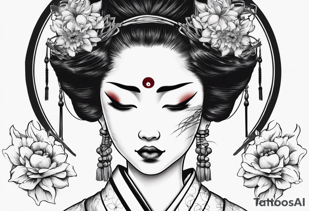 geisha face with two eyes closed with her hands and third realistic eye looking at you tattoo idea