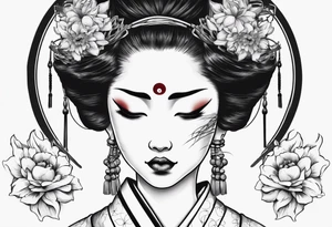 geisha face with two eyes closed with her hands and third realistic eye looking at you tattoo idea
