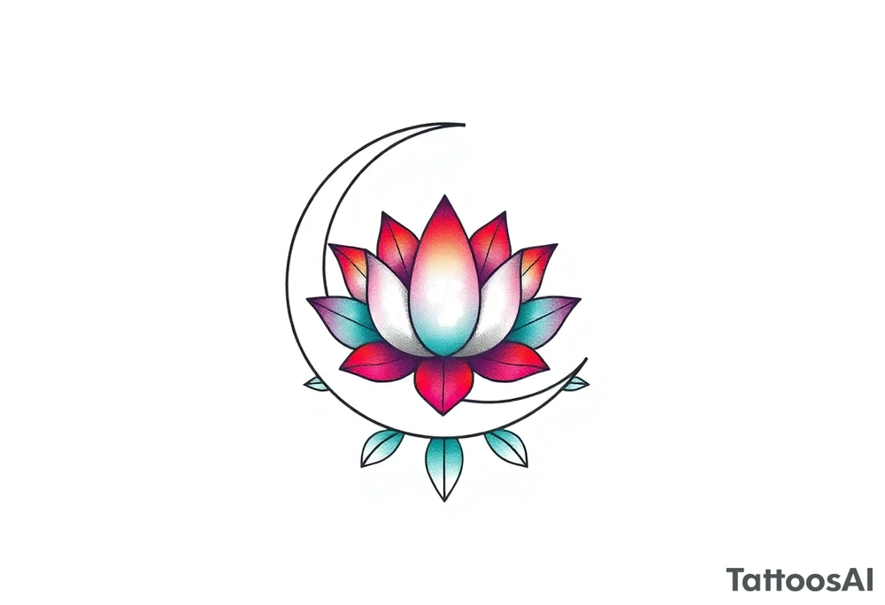 small colorful crescent moon with lotus flower tattoo idea