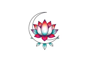 small colorful crescent moon with lotus flower tattoo idea
