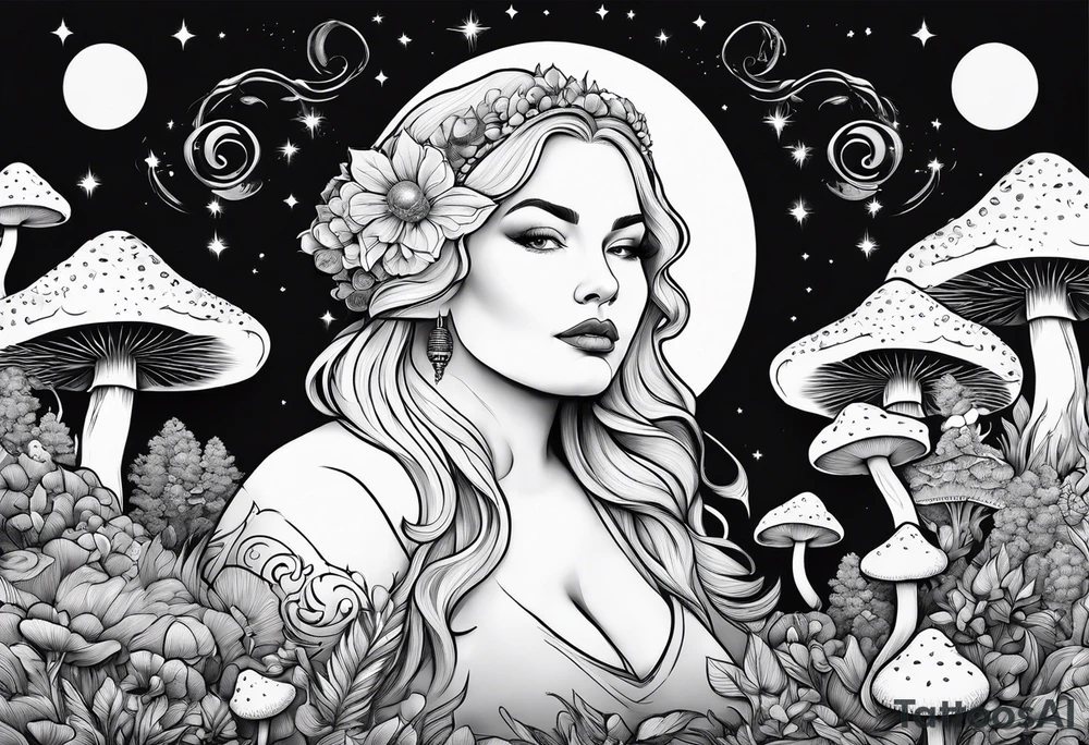 Older blonde fat woman no makeup surrounded by mushrooms mountains crescent moon background tattoo idea