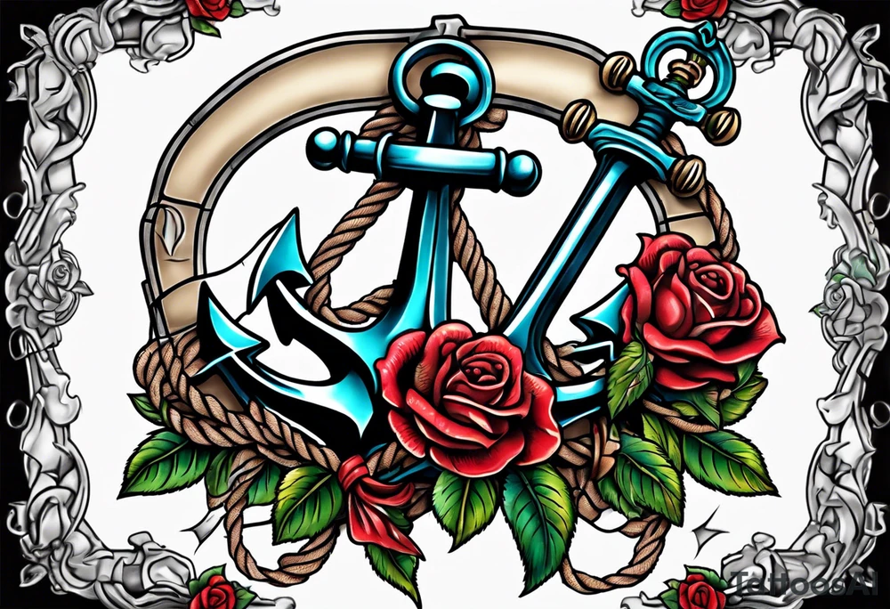 old school anchor with rope wrapped around anchor and banner across anchor and old school roses tattoo idea