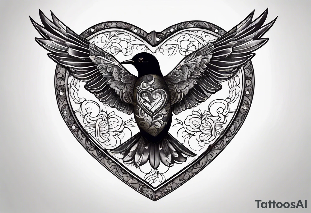 heart locket with black bird flying away with key tattoo idea